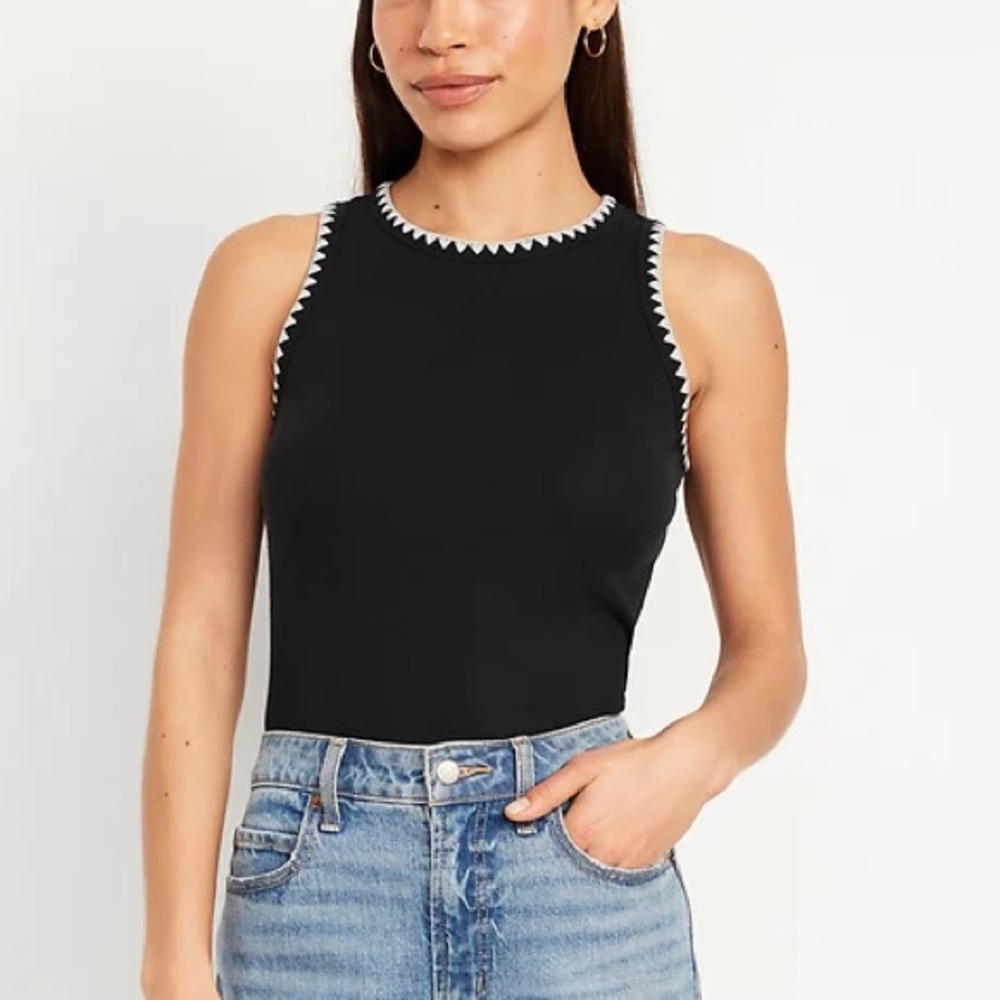 Old Navy High-Neck Crop Tank Top - Black Embroidered